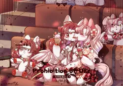 Size: 2200x1529 | Tagged: safe, artist:qamar, derpibooru import, oc, unofficial characters only, earth pony, pegasus, pony, clothes, duo, female, food, headdress, ice cream, image, jewelry, jpeg, lesbian, obtrusive watermark, oc x oc, peytral, plushie, shipping, skirt, strawberry, theater, watermark