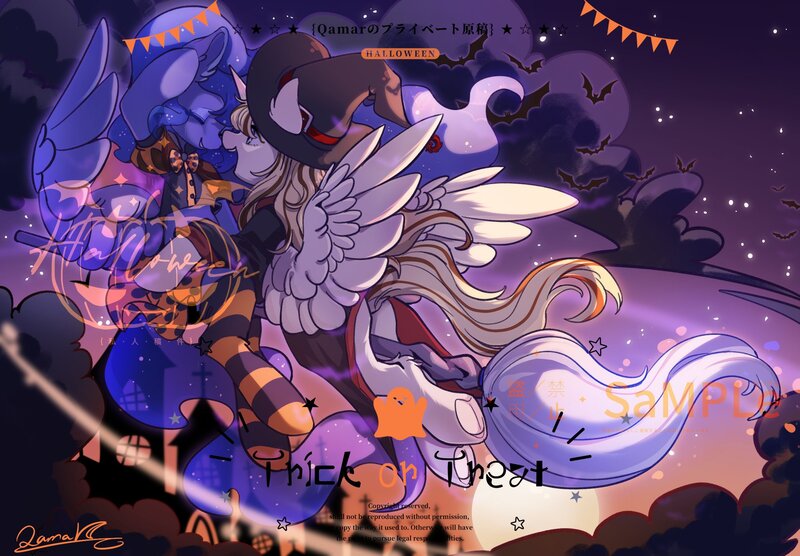 Size: 2048x1423 | Tagged: safe, artist:qamar, derpibooru import, princess luna, oc, alicorn, bat, pony, alicorn oc, bowtie, broom, canon x oc, clothes, costume, female, flying, flying broomstick, full moon, halloween, halloween costume, hat, holiday, horn, image, jpeg, lesbian, moon, obtrusive watermark, skirt, socks, spread wings, stars, stockings, striped socks, thigh highs, watermark, wings, witch costume, witch hat