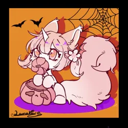 Size: 800x800 | Tagged: safe, artist:qamar, derpibooru import, oc, unofficial characters only, bat, pony, unicorn, bow, female, hair bow, halloween, holiday, image, jack-o-lantern, jpeg, mare, pumpkin, sitting, solo, spider web