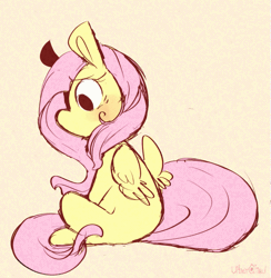 Size: 547x560 | Tagged: safe, artist:urbanqhoul, derpibooru import, fluttershy, pegasus, pony, animated, blushing, cute, female, gif, image, looking around, looking back, loop, mare, missing cutie mark, shyabetes, sitting, solo, wing twitch, wings