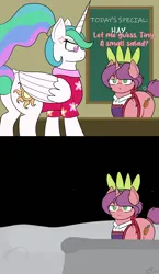 Size: 3840x6636 | Tagged: safe, anonymous artist, carrot bun, princess celestia, alicorn, pony, unicorn, angry, annoyed, annoyed look, apron, apron only, banishment, butt, carrot, carrot dog, clothes, cross-popping veins, crown, cutie mark, dialogue, employee, female, flower shirt, food, green eyes, hair tie, hawaiian shirt, huge butt, image, jewelry, large butt, leaf, leaf crown, mane bun, mane tie, mare, moon, pink coat, plot, png, purple mane, purple tail, regalia, rose coat, sarcasm, sarcastic, shirt, stand, tail bun, text, the ass was fat, tired, unamused, vendor