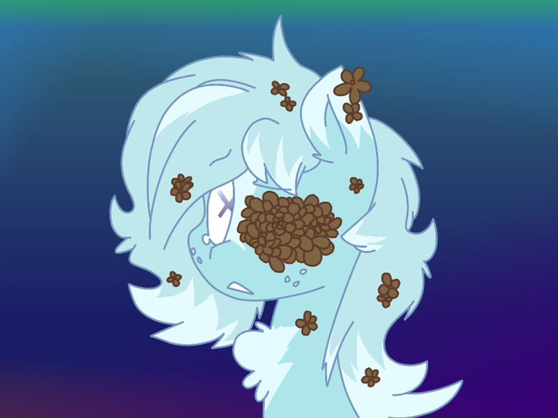 Size: 1333x1000 | Tagged: safe, artist:thedangbooper, derpibooru import, oc, oc:snowdin falls, unofficial characters only, pony, blind, female, flower, flower covered eye, flower in hair, gradient background, image, looking at you, messy mane, png, solo, teary eyes, teenager, x eyes