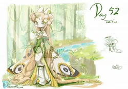 Size: 2048x1423 | Tagged: safe, artist:qamar, derpibooru import, oc, unofficial characters only, original species, pony, semi-anthro, butterfly wings, clothes, female, flower, flower in hair, forest, horn, image, jpeg, mare, nature, obtrusive watermark, solo, tree, water, waterfall, watermark, wings