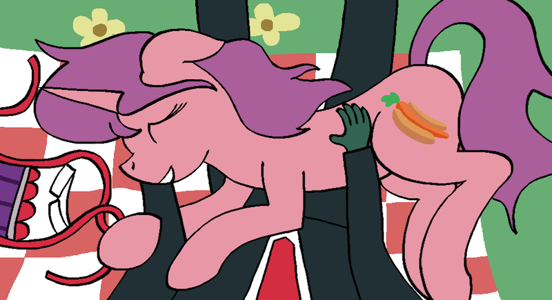 Size: 975x530 | Tagged: safe, artist:anonymous, carrot bun, oc, oc:anon, human, pony, unicorn, apron, carrot, carrot dog, clothes, cutie mark, embrace, embracing, eyes closed, female, food, happy, horn, human on pony snuggling, image, mare, petting, petting her, pink coat, png, purple mane, purple tail, resting, resting on lap, rose coat, smiling, snuggling, solo