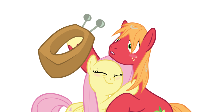 Size: 4000x2250 | Tagged: safe, anonymous artist, derpibooru import, big macintosh, fluttershy, earth pony, pegasus, pony, the perfect pear, big macintosh's yoke, cute, duo, duo male and female, eyes closed, female, fluttermac, high res, hoof hold, horse collar, hug, image, macabetes, male, mare, png, shipping, shyabetes, simple background, stallion, straight, surprised, transparent background, vector, wet, wet mane