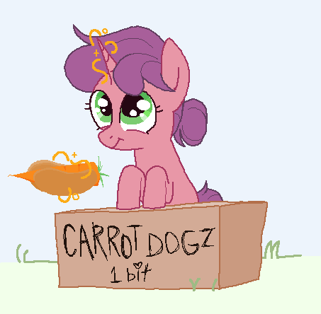 Size: 453x444 | Tagged: safe, anonymous artist, carrot bun, pony, unicorn, aged down, carrot, carrot dog, female, filly, foal, food, food stand, glowing horn, grass, green eyes, happy, hooves on the table, horn, image, levitation, levitation spell, magic, magic aura, mane bun, mare, misspelling, png, purple mane, purple tail, smiling, solo, stand, telekinesis, text, vendor, vendor booth, vendor stall, younger