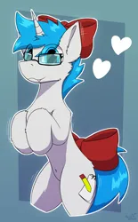 Size: 2000x3224 | Tagged: safe, artist:monycaalot, derpibooru import, oc, oc:nhale, unofficial characters only, pony, unicorn, belly button, bipedal, blue hair, bow, chest fluff, fangs, glasses, heart, image, looking at you, male, png, present, simple background, smiling, smiling at you, solo, thin