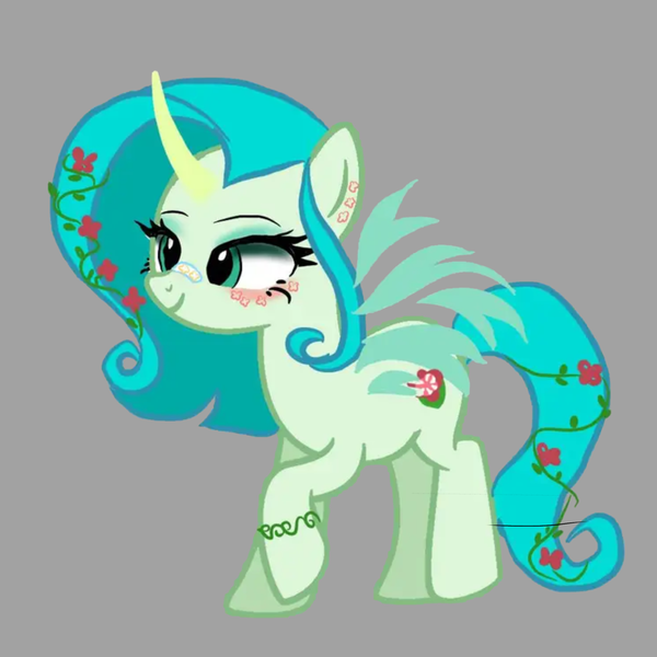 Size: 2048x2048 | Tagged: safe, derpibooru import, oc, oc:garden star, unofficial characters only, alicorn, pony, alicorn oc, bandaid, bandaid on nose, bracelet, colored horn, curved horn, ear piercing, earring, eyeshadow, female, flower, flower in hair, flower in tail, gray background, horn, horns, image, jewelry, makeup, mare, piercing, png, raised hoof, simple background, smiling, solo, tail, transparent wings, wings