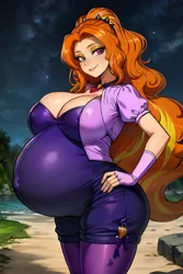Size: 1024x1536 | Tagged: suggestive, ai content, derpibooru import, machine learning generated, stable diffusion, adagio dazzle, equestria girls, rainbow rocks, adagio preggo, belly, big belly, big breasts, breasts, busty adagio dazzle, cleavage, clothes, female, fingerless gloves, g4, gloves, hand on hip, image, looking at you, night, png, pregnant, prompter:ojtrucy, solo, solo female, stars