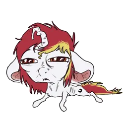 Size: 1472x1471 | Tagged: safe, artist:aliceg, derpibooru import, oc, oc:lazy sunday, pony, unicorn, big eyes, drooping horn, dry, floppy ears, horn, i can't take this arizona weather anymore this is a cry for help, image, meme, pain, png, puckered lips, rotten little fella, scrunchy face, scrungly, simple background, solo, squint, straining, transparent background, vein
