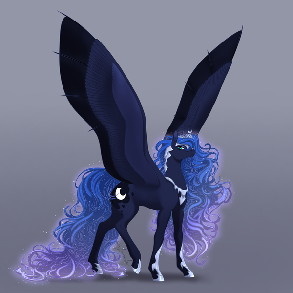 Size: 2048x2048 | Tagged: safe, artist:eljesala, derpibooru import, princess luna, alicorn, pony, crown, ethereal mane, female, gradient background, high res, hybrid wings, image, jewelry, large wings, long legs, long tail, mare, peytral, png, regalia, signature, solo, spread wings, starry mane, tail, wings