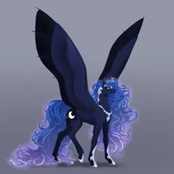 Size: 2048x2048 | Tagged: safe, artist:eljesala, derpibooru import, princess luna, alicorn, pony, crown, ethereal mane, female, gradient background, high res, hybrid wings, image, jewelry, large wings, long legs, long tail, mare, peytral, png, regalia, signature, solo, spread wings, starry mane, tail, wings
