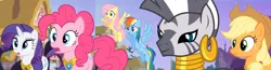 Size: 2865x750 | Tagged: safe, composite screencap, derpibooru import, edit, edited screencap, editor:incredibubbleirishguy, screencap, applejack, fluttershy, pinkie pie, rainbow dash, rarity, zecora, zebra, princess twilight sparkle (episode), element of generosity, element of honesty, element of kindness, element of laughter, element of loyalty, image, panorama, png, princess twilight sparkle (season 4 episode) 10th anniversary, remane five