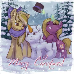 Size: 2000x2000 | Tagged: safe, alternate version, artist:ariamidnighters, derpibooru import, oc, unofficial characters only, earth pony, pony, unicorn, bow, clothes, duo, hair bow, hat, image, magic, png, scarf, snow, snowfall, snowpony, telekinesis, tree