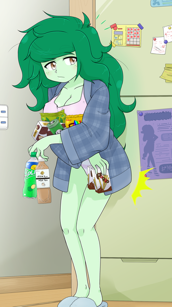 Size: 1711x3046 | Tagged: safe, artist:batipin, derpibooru import, wallflower blush, equestria girls, 2d, breasts, busty wallflower blush, chips, cleavage, clothes, coat, drink, eyebrows, eyebrows visible through hair, female, food, freckles, image, indoors, kitchen, legs, messy hair, panties, png, pocky, refrigerator, shirt, slippers, snacks, solo, striped underwear, underwear
