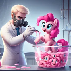 Size: 1024x1024 | Tagged: safe, ai content, derpibooru import, machine learning generated, pinkie pie, earth pony, goo, human, pony, clothes, cursed image, female, gas mask, generator:dall-e 3, gloves, holding a pony, human male, image, jpeg, lab coat, laboratory, male, mare, mask, open mouth, open smile, science, scientist, smiling, wat, wrong cutie mark