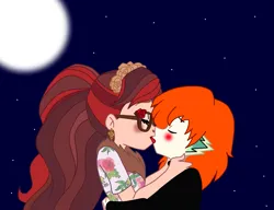 Size: 1897x1459 | Tagged: safe, artist:spike17, derpibooru import, spike, human, crossover, crossover shipping, ever after high, hug, human spike, humanized, image, kiss on the lips, kissing, night, orange hair, png, rosabella beauty, ship:rospike, shipping
