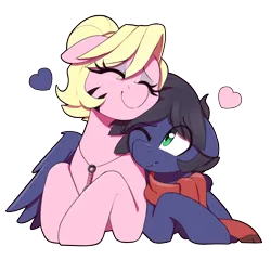Size: 2400x2299 | Tagged: safe, artist:thebatfang, ponerpics import, oc, oc:fenris ebonyglow, oc:kara waypoint, unofficial characters only, earth pony, pegasus, pony, clothes, eyes closed, eyeshadow, fangs, heart, hug, image, jewelry, makeup, necklace, one eye closed, png, scarf, simple background, snuggling, transparent background, winghug