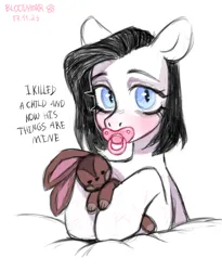 Size: 2137x2601 | Tagged: safe, artist:bloodymrr, derpibooru import, oc, earth pony, pony, rabbit, abdl, animal, big eyes, black hair, blanket, blue eyes, blushing, cut, cute, half body, image, light skin, monologue, pacifier, plushie, png, scar, short hair, simple background, slit eyes, slit pupils, snake eyes, solo, talking, text, toy, white background