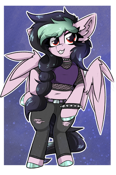 Size: 2000x3000 | Tagged: safe, artist:jubyskylines, derpibooru import, oc, oc:galactic lights, unofficial characters only, pegasus, belly button, bracelet, clothes, commissioner:rainbowdash69, fishnets, image, jeans, pants, pegasus oc, png, punk, ripped jeans, ripped pants, smiling, smirk, solo, spiked wristband, torn clothes, wings, wristband