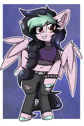 Size: 2000x3000 | Tagged: safe, artist:jubyskylines, derpibooru import, oc, oc:galactic lights, unofficial characters only, pegasus, belly button, bracelet, clothes, commissioner:rainbowdash69, fishnets, image, jeans, pants, pegasus oc, png, punk, ripped jeans, ripped pants, smiling, smirk, solo, spiked wristband, torn clothes, wings, wristband