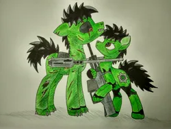 Size: 4000x3000 | Tagged: semi-grimdark, artist:zocidem, derpibooru import, oc, oc:wrench, unofficial characters only, cyborg, earth pony, pony, robot, robot pony, augmented, evil counterpart, image, jpeg, scar, versus, weapon