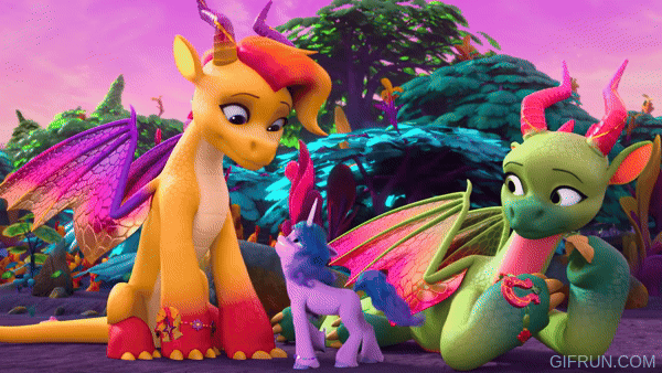 Size: 600x338 | Tagged: safe, derpibooru import, official, screencap, izzy moonbow, dragon, pony, unicorn, g5, my little pony: make your mark, spoiler:g5, spoiler:my little pony: make your mark chapter 6, spoiler:mymc06e01, dragoness, female, gif, image, leaf (dragon), luxxe, mare, my little pony: make your mark chapter 6
