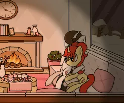 Size: 2048x1706 | Tagged: safe, artist:taoyvfei, derpibooru import, peach blossom, oc, oc:taoyvfei, pony, unicorn, bolster, book, candle, candy, china, clock, coffee, cupcake, curved horn, fireplace, food, horn, image, jar, knife, photo, pixel art, plant, png, snow, tart, unicorn oc