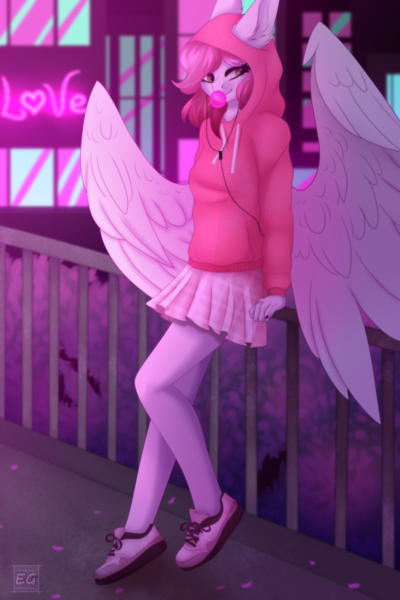 Size: 2326x3488 | Tagged: safe, artist:elektra-gertly, derpibooru import, oc, oc:ellie berryheart, unofficial characters only, anthro, pegasus, black eyeshadow, bridge, bubblegum, city, clothes, cute, eyeshadow, female, food, green eyes, gum, headphones, hoodie, image, large wings, long ears, long eyelashes, love, makeup, miniskirt, music, neon, night, ocbetes, png, shoes, skirt, sneakers, solo, wings