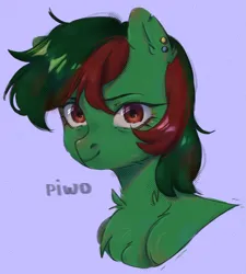 Size: 1787x1983 | Tagged: safe, artist:piwo, derpibooru import, oc, unofficial characters only, earth pony, pony, bust, colored, cute, ear piercing, earring, eyelashes, fluffy, gift art, green hair, green skin, image, jewelry, looking at you, piercing, png, portrait, red eyes, red hair, simple background, smiling, smiling at you, torn ear