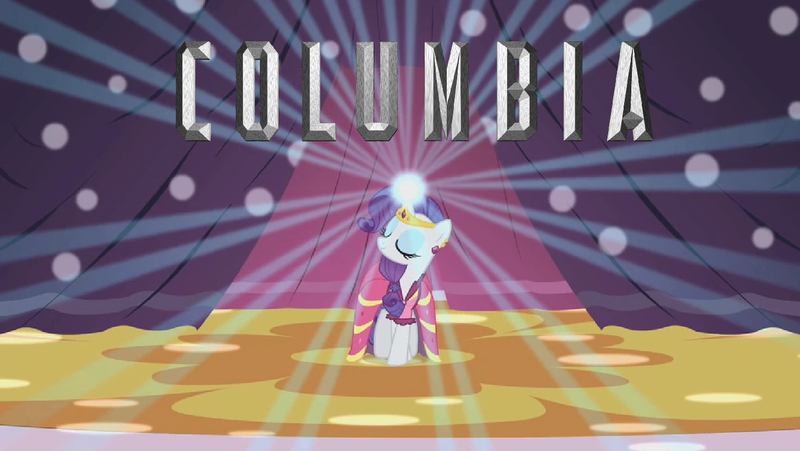 Size: 1456x820 | Tagged: safe, derpibooru import, edit, edited screencap, screencap, rarity, suited for success, closing logo, clothes, columbia pictures, dress, gala dress, image, jpeg, logo, logo parody