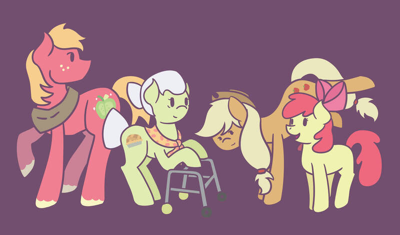 Size: 1165x686 | Tagged: safe, artist:porcelainparasite, derpibooru import, apple bloom, applejack, big macintosh, granny smith, earth pony, pony, apple family, female, filly, foal, image, jpeg, male, mare, purple background, simple background, stallion, walker