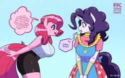 Size: 1666x1049 | Tagged: safe, artist:traupa, derpibooru import, pinkie pie, rarity, anthro, earth pony, unicorn, accessory swap, alternate hairstyle, anime style, blushing, breasts, busty pinkie pie, busty rarity, clothes, clothes swap, dialogue, duo, female, image, jpeg, mane swap, personality swap, pinkie pie hair, rarity hair, redraw, role reversal, sudden style change