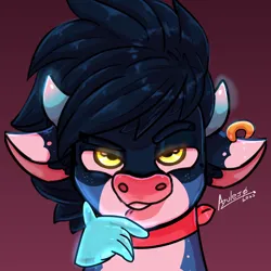 Size: 2000x2000 | Tagged: safe, artist:azulejo, derpibooru import, oc, oc:azulejo, oc:blue bandit, bovine, ear piercing, earring, glow, glowing eyes, glowing horn, horn, image, jewelry, looking at you, male, piercing, png, profile picture, redesign, simple background
