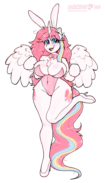 Size: 2352x4098 | Tagged: questionable, artist:dandy, derpibooru import, oc, oc:nekonin, unofficial characters only, alicorn, anthro, unguligrade anthro, absolute cleavage, alicorn oc, belly button, big breasts, blushing, bow, bowtie, breasts, bunny ears, bunny suit, cameltoe, chest fluff, cleavage, clothes, commission, curved horn, eye clipping through hair, eyebrows, eyebrows visible through hair, femboy, hair bow, heart, heart eyes, high heels, horn, image, looking at you, male, open mouth, open smile, png, shoes, simple background, smiling, solo, solo male, tiny torso, wasp waist, white background, wingding eyes, wings