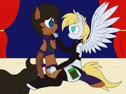 Size: 4167x3125 | Tagged: suggestive, artist:laurelcrown, derpibooru import, oc, oc:cutting chipset, oc:laurel crown, anthro, anthro oc, belly button, clothes, colored, cutie mark, flat colors, image, jpeg, midriff, paint tool sai, simple background, spread wings, underwear, wings