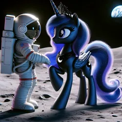 Size: 2048x2048 | Tagged: safe, ai content, derpibooru import, machine learning generated, princess luna, alicorn, human, pony, astronaut, crown, derpibooru exclusive, earth, female, g4, generator:dall-e 3, horn, image, jewelry, looking at each other, looking at someone, luna and the nauts, mare, moon, png, regalia, smiling, space, spacesuit, wings