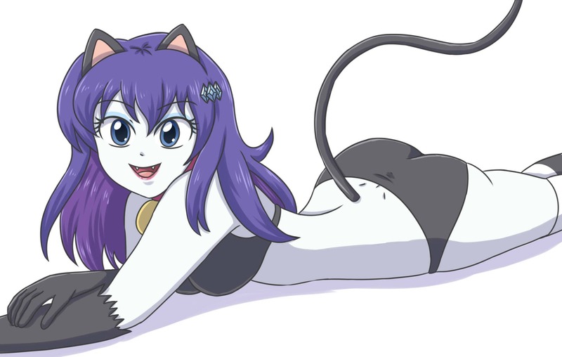 Size: 2048x1301 | Tagged: suggestive, artist:sumin6301, derpibooru import, rarity, cat, human, equestria girls, alternate hairstyle, ass, bell, butt, cat bell, cat ears, cat tail, catgirl, fangs, female, image, jpeg, lying down, open mouth, open smile, prone, raricat, rearity, simple background, smiling, solo, solo female, tail, white background