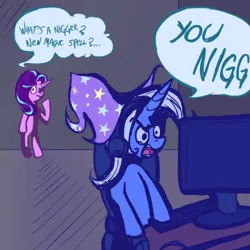 Size: 605x605 | Tagged: artist needed, safe, ponerpics import, starlight glimmer, trixie, angry, clothes, computer, computer mouse, computer screen, gamer, hat, image, jpeg, nigger, speech bubble, swearing, text, trixie's hat, vulgar