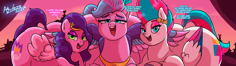 Size: 3500x988 | Tagged: explicit, artist:azulejo, derpibooru import, pipp petals, queen haven, zipp storm, pegasus, pony, g5, bedroom eyes, detailed background, dialogue, female, image, imminent sex, looking at you, mare, mother and child, mother and daughter, png, siblings, sisters, spread wings, the ass was fat, wide hips, wings