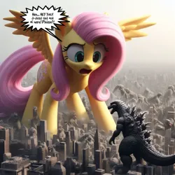 Size: 1400x1400 | Tagged: safe, ai content, derpibooru import, editor:giantpony, machine learning assisted, machine learning generated, fluttershy, kaiju, pegasus, pony, crossover, female, generator:bing image creator, giant pony, giantess, giantshy, godzilla, godzilla (series), height difference, image, jpeg, larger female, macro, macro/micro, male, phraseit, scared, shocked, shocked expression, size difference, smaller male, unsure