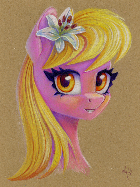 Size: 896x1200 | Tagged: safe, artist:maytee, derpibooru import, lily, lily valley, earth pony, pony, bust, colored pencil drawing, flower, flower in hair, image, lily (flower), png, portrait, solo, toned paper, traditional art