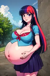 Size: 1024x1536 | Tagged: suggestive, ai content, derpibooru import, machine learning generated, stable diffusion, twilight sparkle, belly, belly button, big belly, big breasts, breasts, busty twilight sparkle, cleavage, clothes, day, female, g4, hand on belly, image, outdoors, outie belly button, png, preglight sparkle, pregnant, pregnant equestria girls, prompter:ojtrucy, skirt, solo, solo female