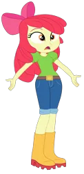 Size: 1900x3885 | Tagged: safe, artist:gmaplay, derpibooru import, screencap, apple bloom, human, equestria girls, equestria girls series, holidays unwrapped, spoiler:eqg series (season 2), :|, apple bloom's bow, belt, boots, bow, clothes, crossed arms, denim, gloves, hair bow, image, jeans, motorcross, pants, png, red hair, shirt, shoes, simple background, solo, t-shirt, tangelo eyes, the cider louse fools, transparent background, yellow skin