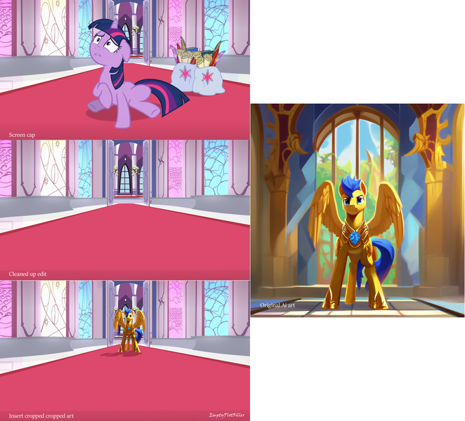 Size: 6669x6048 | Tagged: safe, ai content, derpibooru import, edit, edited screencap, editor:emptyplotfiller, machine learning assisted, machine learning generated, screencap, discord, flash sentry, pegasus, fanfic:crossing the trixie bridge:a new life in the crystal empire, canterlot throne room, g4, image, png, royal guard, solo