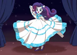 Size: 1063x752 | Tagged: safe, artist:chaosbane-greyknight, derpibooru import, rarity, human, equestria girls, alternate hairstyle, beautiful, clothes, dancing, dress, female, humanized, image, jpeg, long dress, mexican, open mouth, open smile, smiling, solo