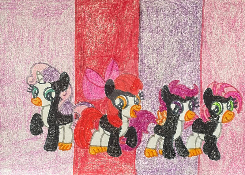 Size: 828x590 | Tagged: safe, artist:justinvaldecanas, derpibooru import, apple bloom, babs seed, scootaloo, sweetie belle, crossover, cutie mark crusaders, image, jpeg, the penguins of madagascar