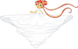 Size: 1121x713 | Tagged: safe, artist:chaosbane-greyknight, derpibooru import, sunset shimmer, human, equestria girls, alternate hairstyle, beautiful, blushing, clothes, cute, dress, female, humanized, image, long dress, long hair, open mouth, open smile, png, serenity, silk, smiling, solo, spinning, story included, twister