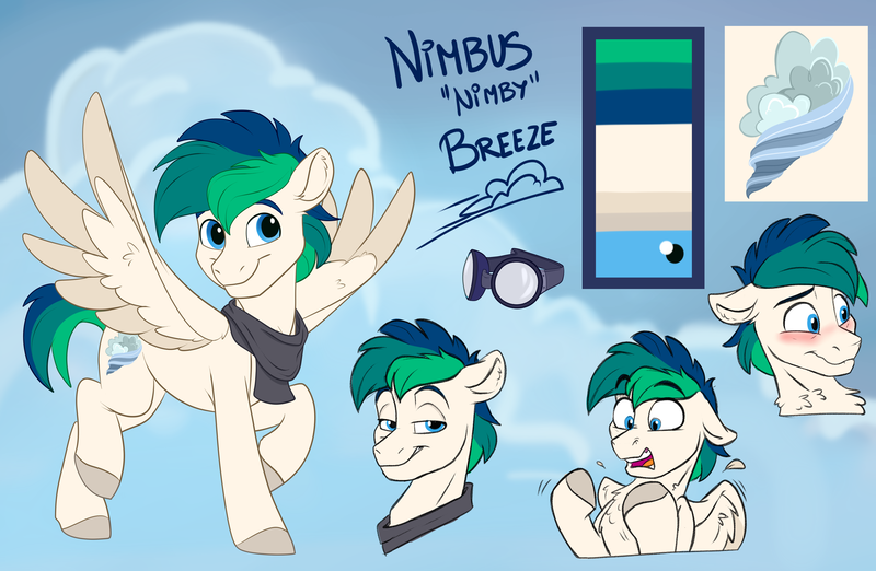 Size: 3450x2250 | Tagged: safe, artist:rutkotka, derpibooru import, oc, oc:nimbus breeze, unofficial characters only, pegasus, pony, character design, clothes, cutie mark, embarrassed, goggles, image, male, panicking, pegasus oc, png, reference sheet, scarf, smug, stallion, wings