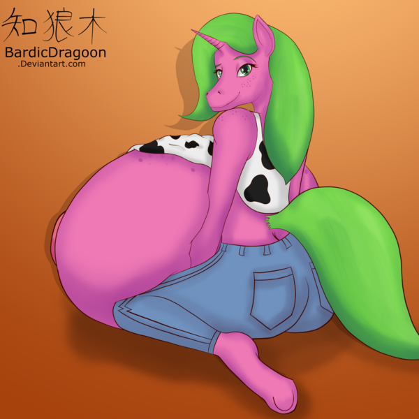Size: 1754x1754 | Tagged: questionable, artist:bardicdragoon, derpibooru import, oc, oc:melon kiss, unofficial characters only, anthro, unicorn, anthro oc, big breasts, breasts, butt, clothes, cowprint, freckles, huge breasts, huge butt, image, impossibly large breasts, large butt, looking back, png, shirt, shirt lift, simple background